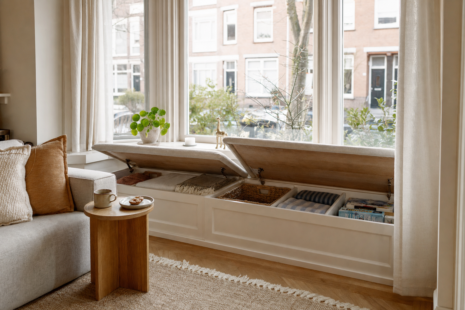 Erkerbank met opbergruimte in moderne woonkamer