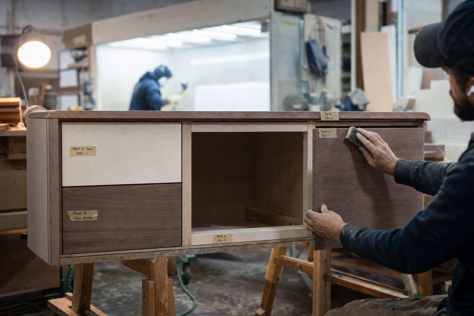 Vakman bewerkt houten dressoir onderdeel